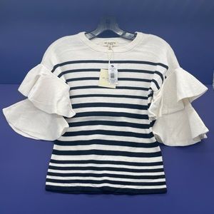 Women's Knit Sweater Bell Sleeve Black and White Striped Top Tiered XS, S, M